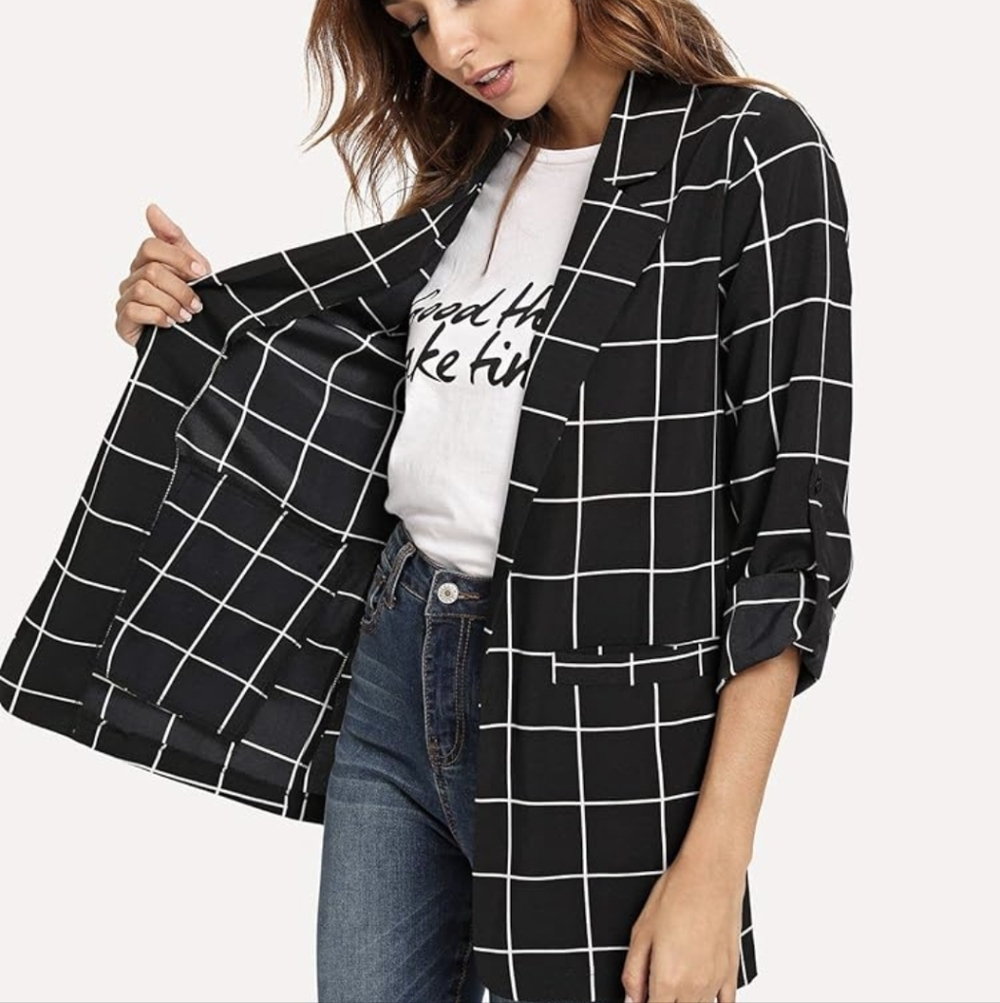 Women's Black Grid Pattern Blazer